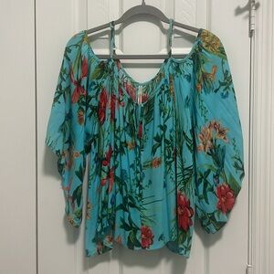 My Story Vibrant Floral cold shoulder top - Blue and Red